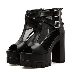 ISO: mesh panel platform heels with buckles